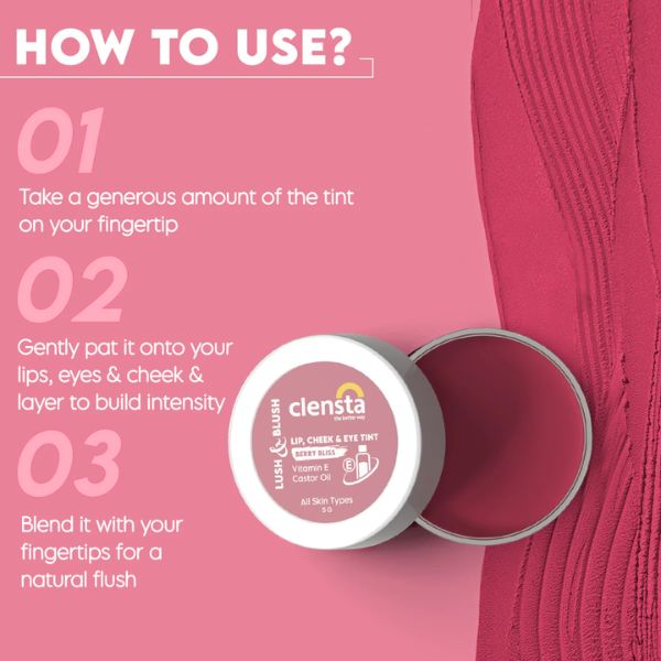 Clensta Lush & Blush Lip, Cheek & Eye Tint 01 Berry Bliss, 5 GM