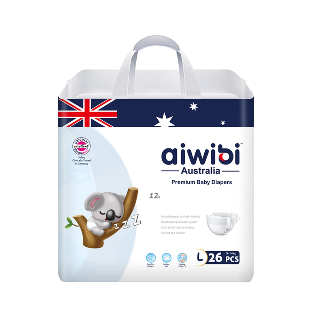 Aiwibi Australian Disposable Breathable Baby Diapers Tapestyle Premium, Large 26 Count
