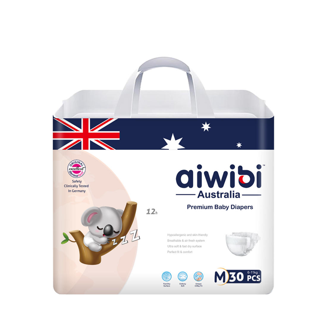Aiwibi Australian Disposable Breathable Baby Diapers Tapestyle Premium, Medium 30 Count