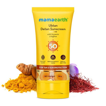 Mamaearth Ubtan Detan Sunscreen With Turmeric & Saffron SPF 50, 50 GM