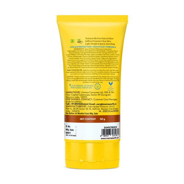 Mamaearth Ubtan Detan Sunscreen With Turmeric & Saffron SPF 50, 50 GM