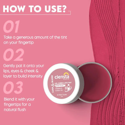 Clensta Lush & Blush Lip, Cheek & Eye Tint 01 Berry Bliss, 5 GM
