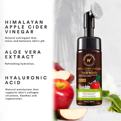WOW SKIN SCIENCE APPLE CIDER VINEGAR FACE WASH W/BRUSH, 150ML