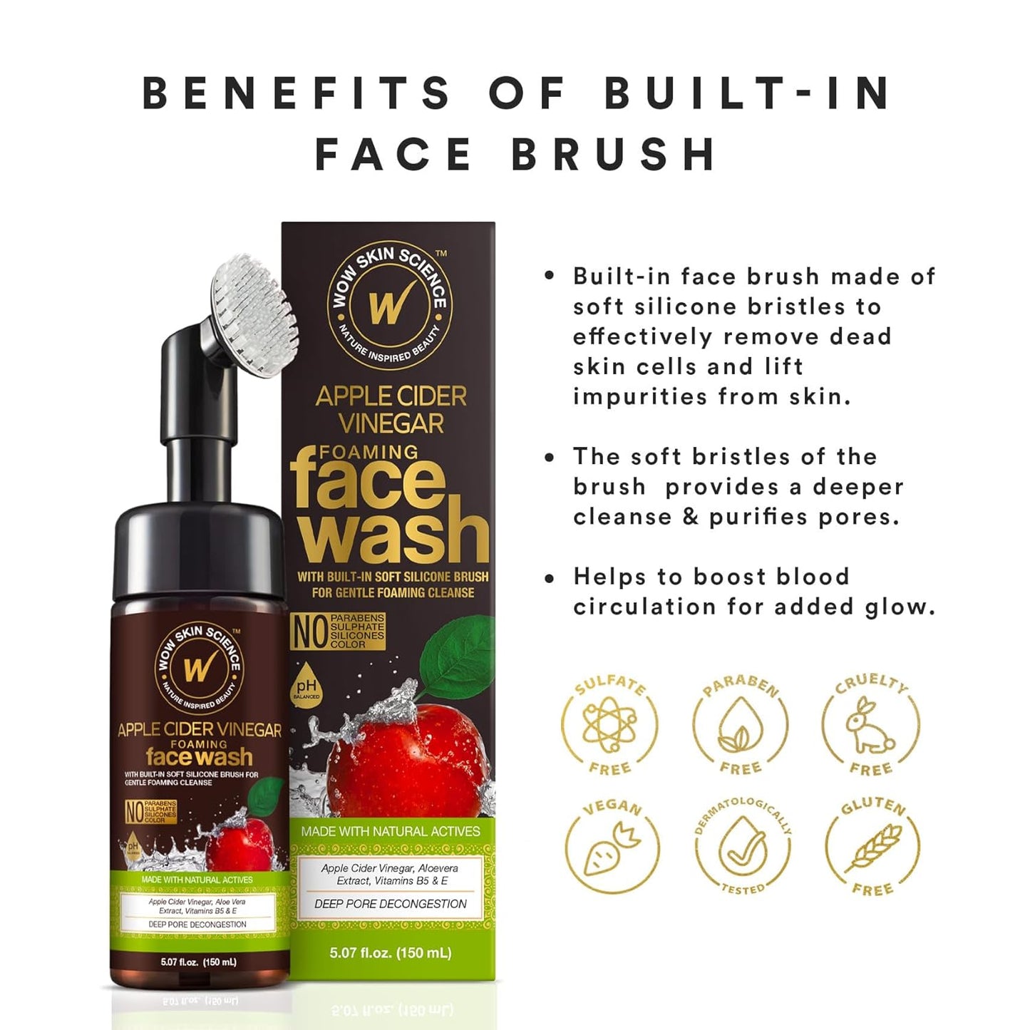 WOW SKIN SCIENCE APPLE CIDER VINEGAR FACE WASH W/BRUSH, 150ML