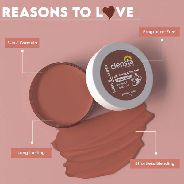 Clensta Lush & Blush Lip, Cheek & Eye Tint 06 Coral Crush, 5 GM