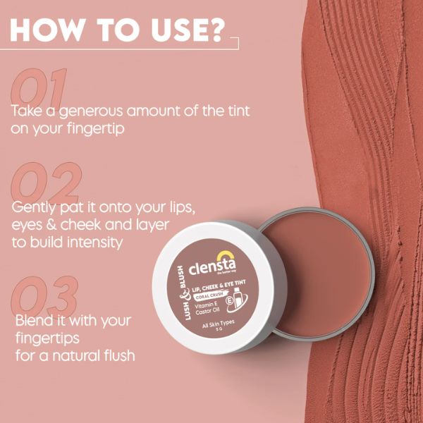 Clensta Lush & Blush Lip, Cheek & Eye Tint 06 Coral Crush, 5 GM