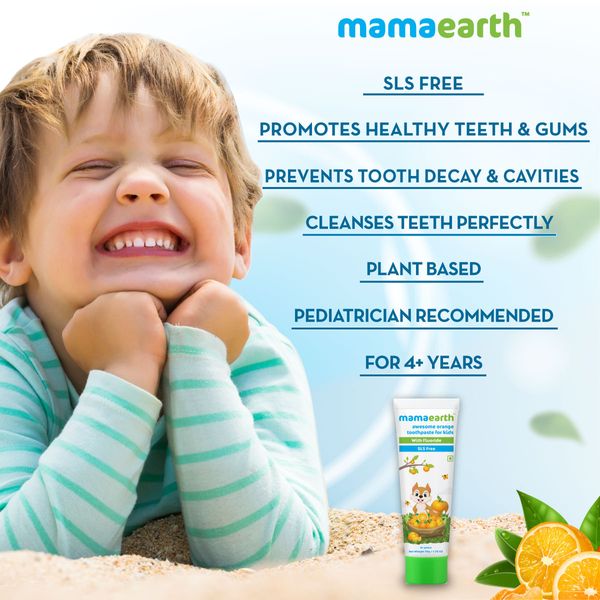Mamaearth Sulfate Free Awesome Orange Toothpaste For Kids With Fluoride, 50 GM