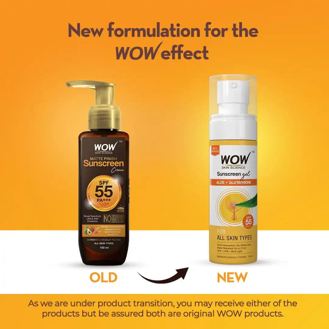WOW SKIN SCIENCE SUNSCREEN GEL SPF 55 FOR ALL SKIN TYPES (ALOE + GLUTATHIONE), 100ML