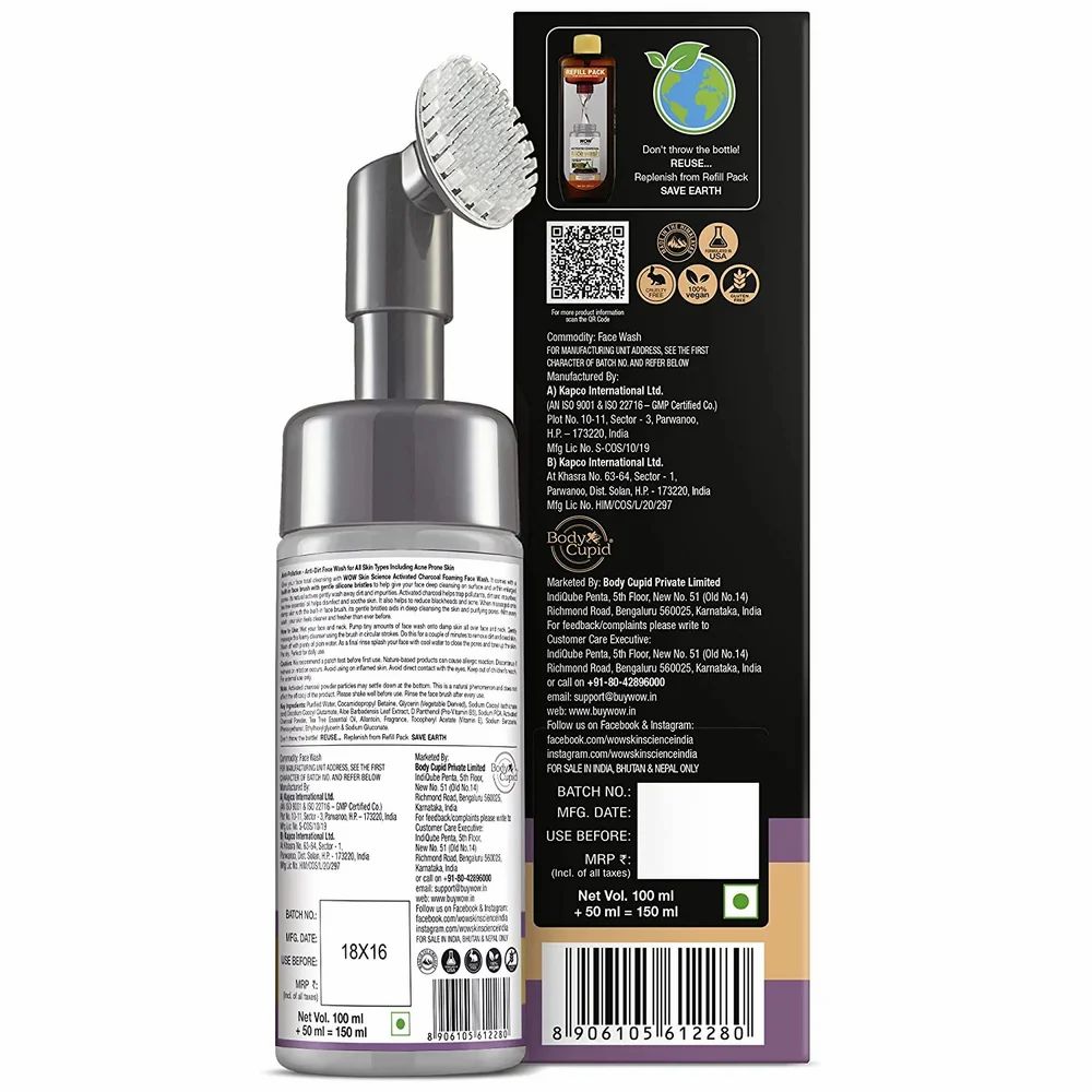 WOW SKIN SCIENCE ACTIVATED CHARCOAL FOAMING FW W/BRUSH, 150ML